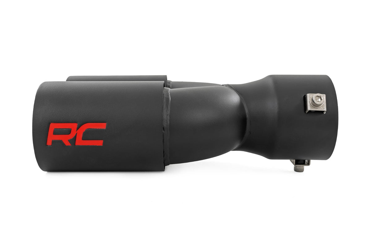 Exhaust Tip | Black | Red RC Logo | 2.5-3 Inch Pipe Single Inlet | Dual Outlet