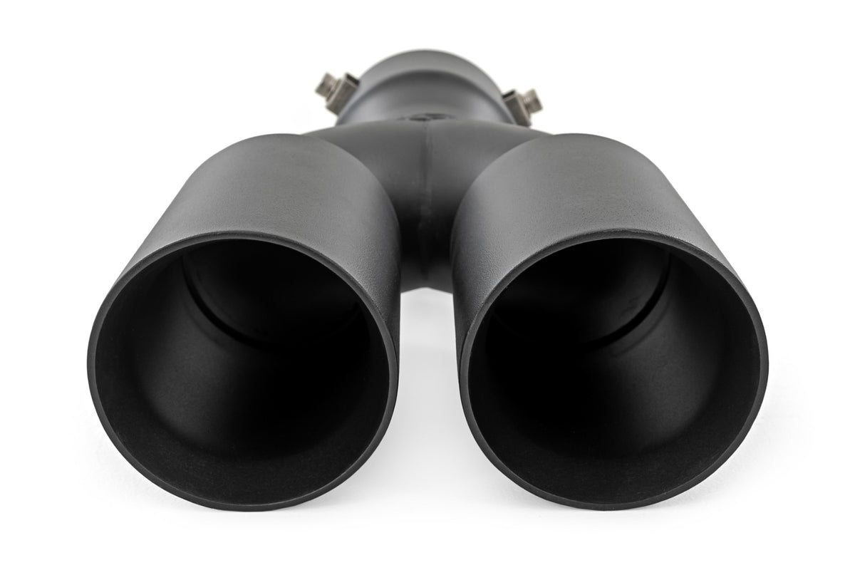 Exhaust Tip | Black | Red RC Logo | 2.5-3 Inch Pipe Single Inlet | Dual Outlet