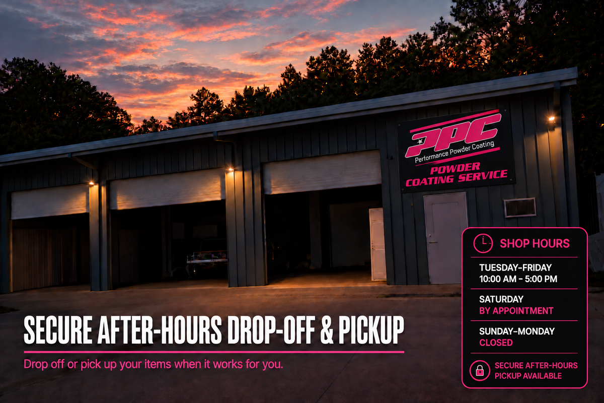 Performance Powder Coating shop at sunset with pink vinyl signage and shop hours